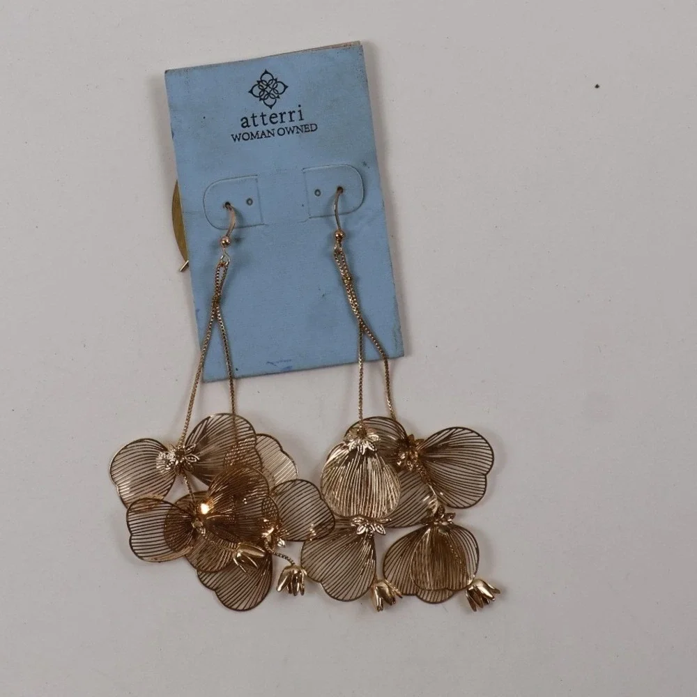 Atterri Earrings Floral Cluster Dangle Drop Gold Tone Statement NWT